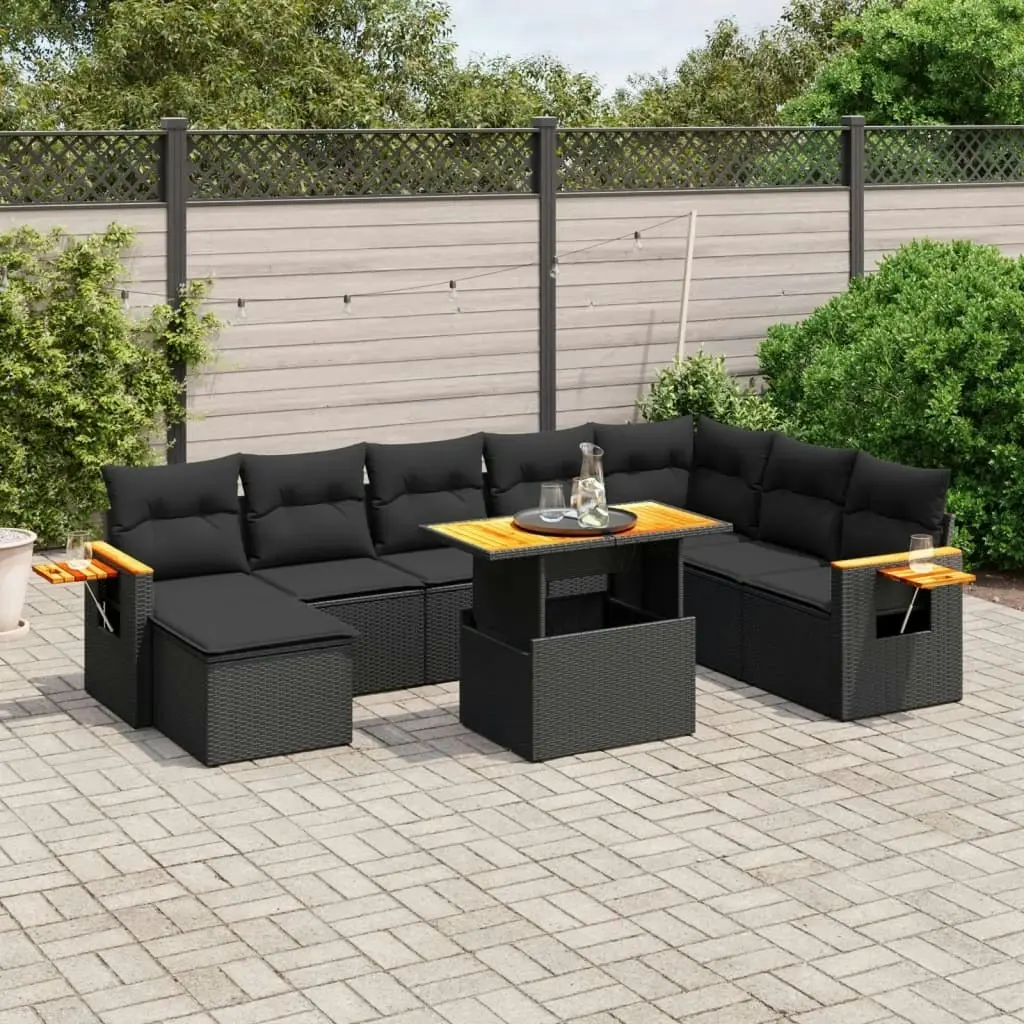 9 Piece Garden Sofa Set with Cushions Black Poly Rattan 3273652