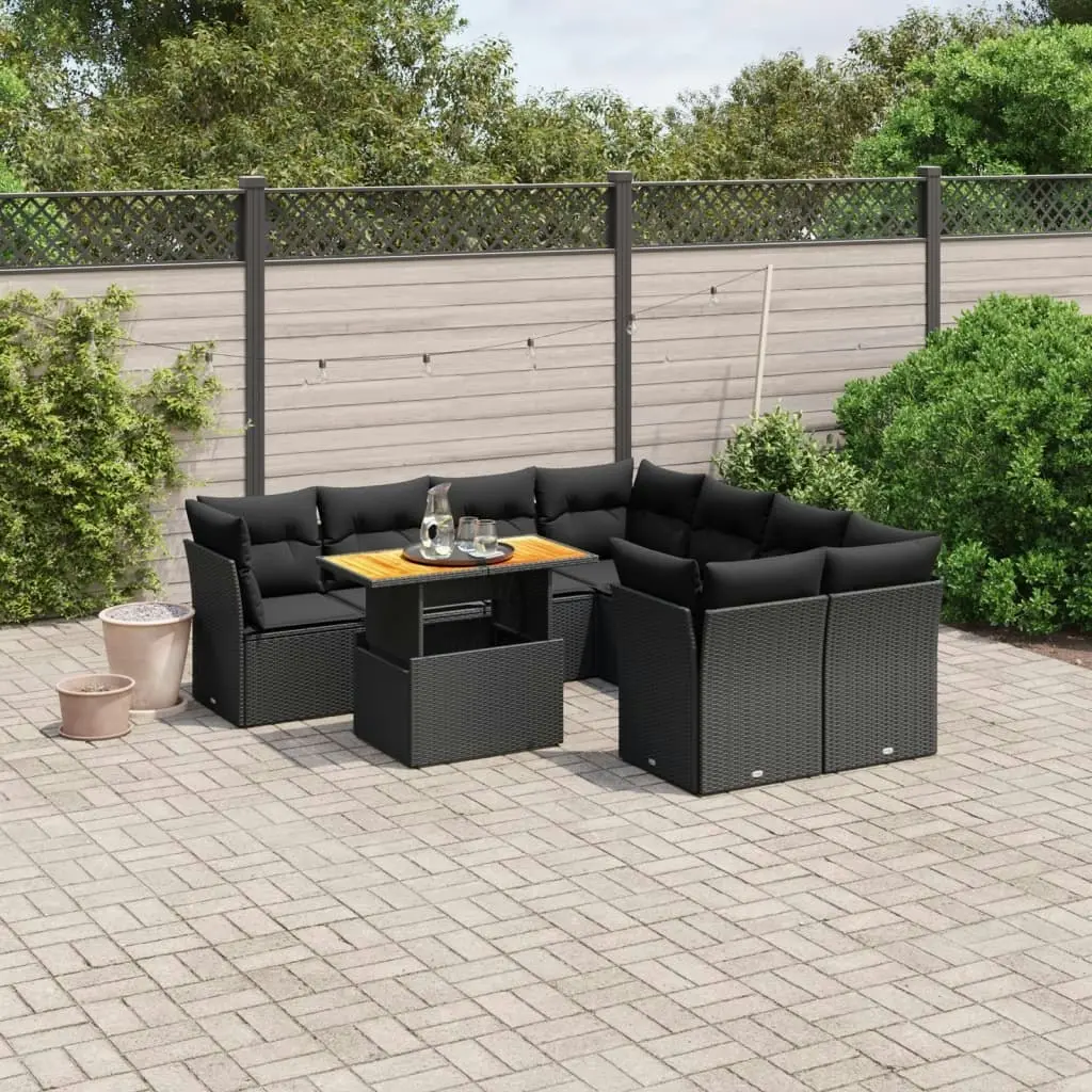 9 Piece Garden Sofa Set with Cushions Black Poly Rattan 3270719