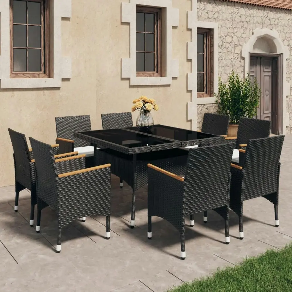 9 Piece Garden Dining Set Poly Rattan and Acacia Wood Black 3058344