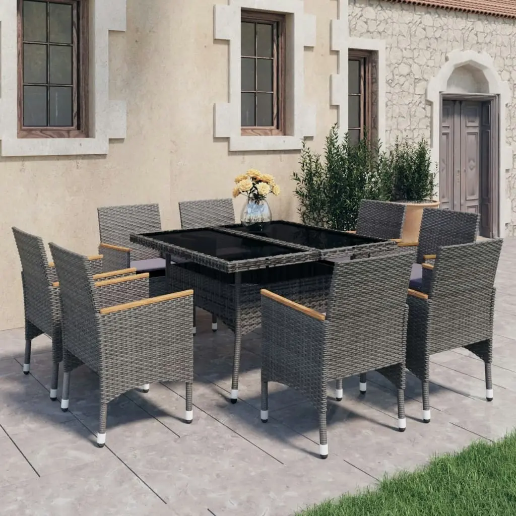 9 Piece Garden Dining Set Poly Rattan and Acacia Wood Grey 3058345