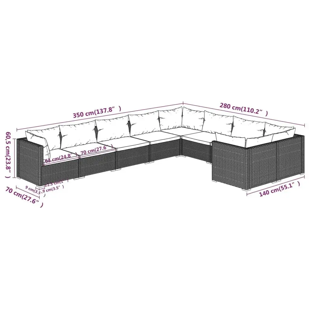 9 Piece Garden Lounge Set with Cushions Poly Rattan Grey 3102766