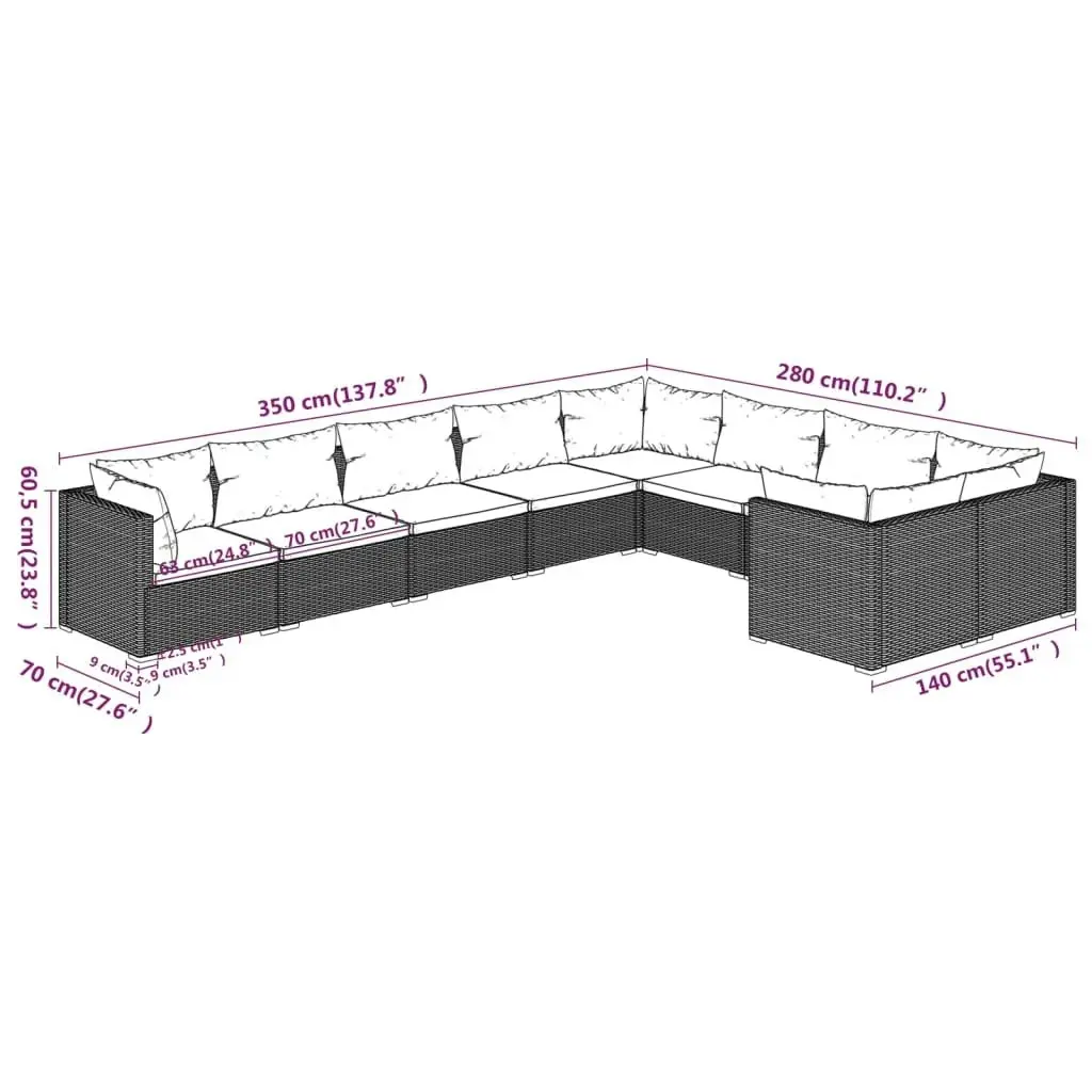 9 Piece Garden Lounge Set with Cushions Poly Rattan Grey 3102765