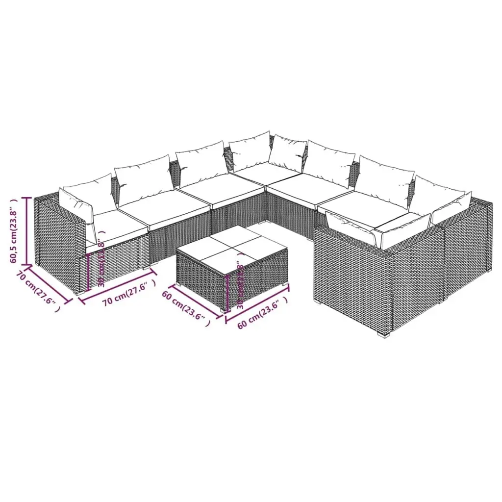 9 Piece Garden Lounge Set with Cushions Poly Rattan Grey 3102749