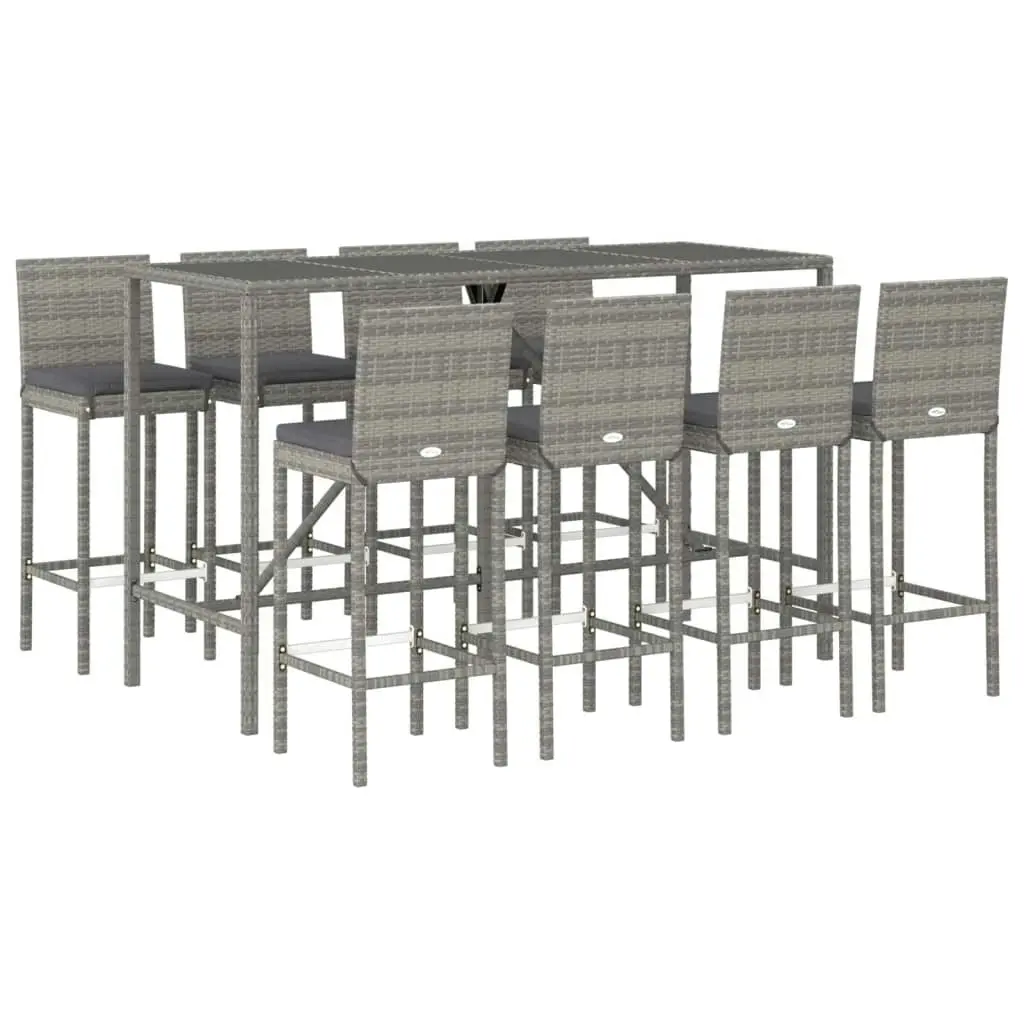 9 Piece Outdoor Bar Set with Cushions Grey Poly Rattan 3187648