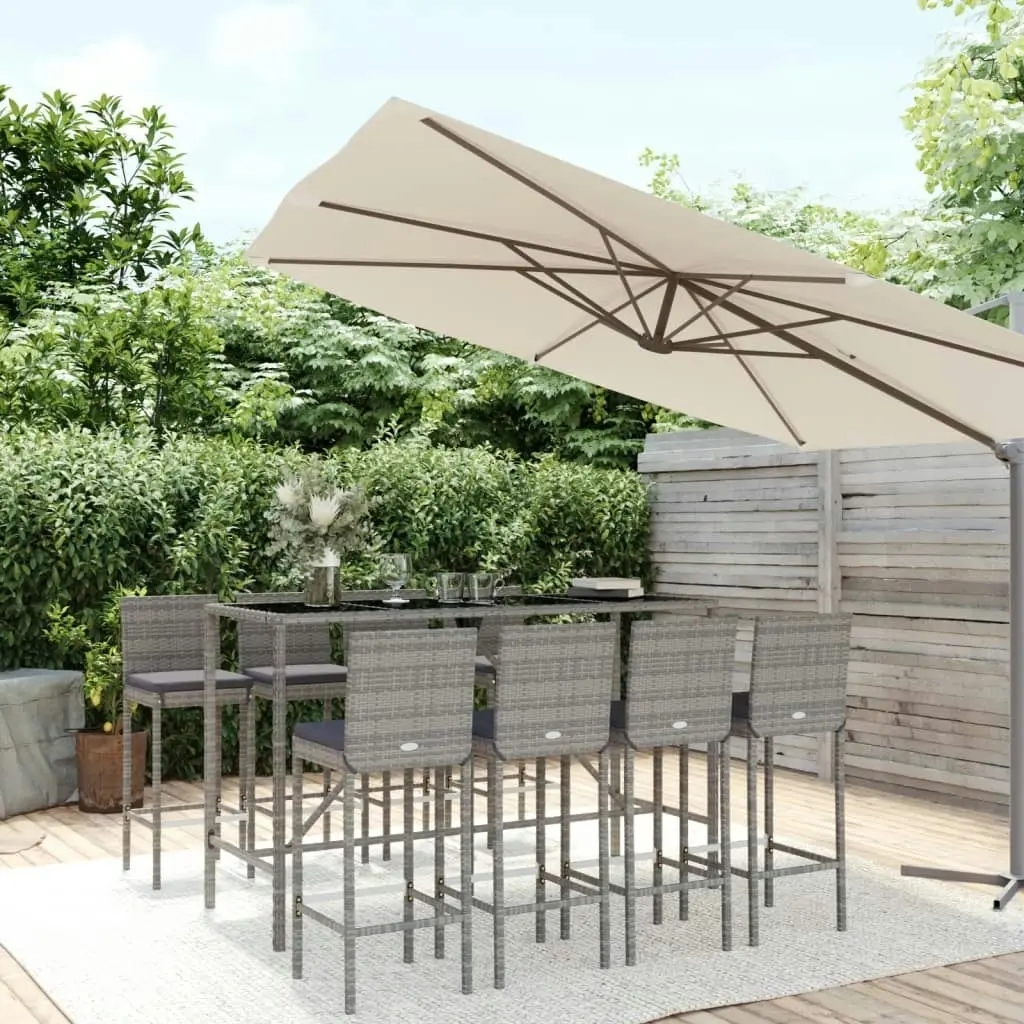 9 Piece Outdoor Bar Set with Cushions Grey Poly Rattan 3187648