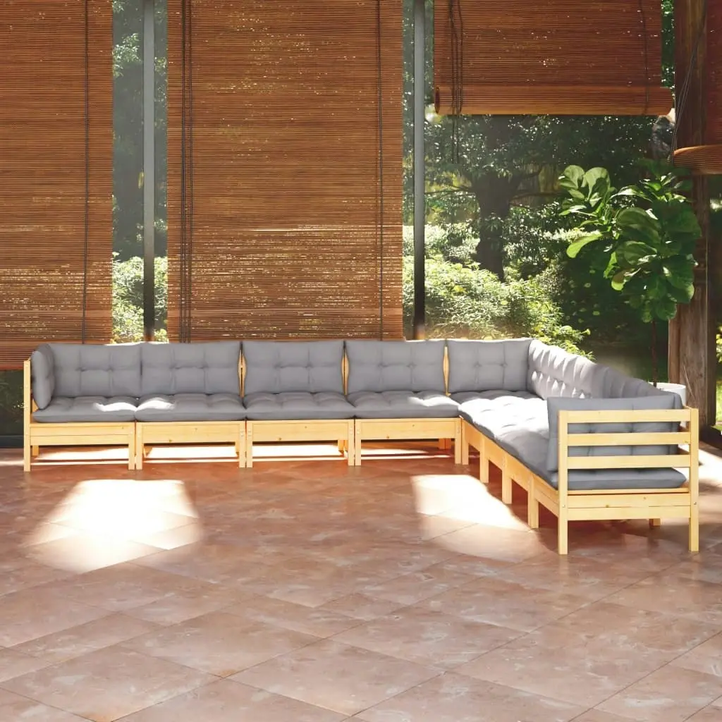 9 Piece Garden Lounge Set with Grey Cushions Solid Pinewood 3096814