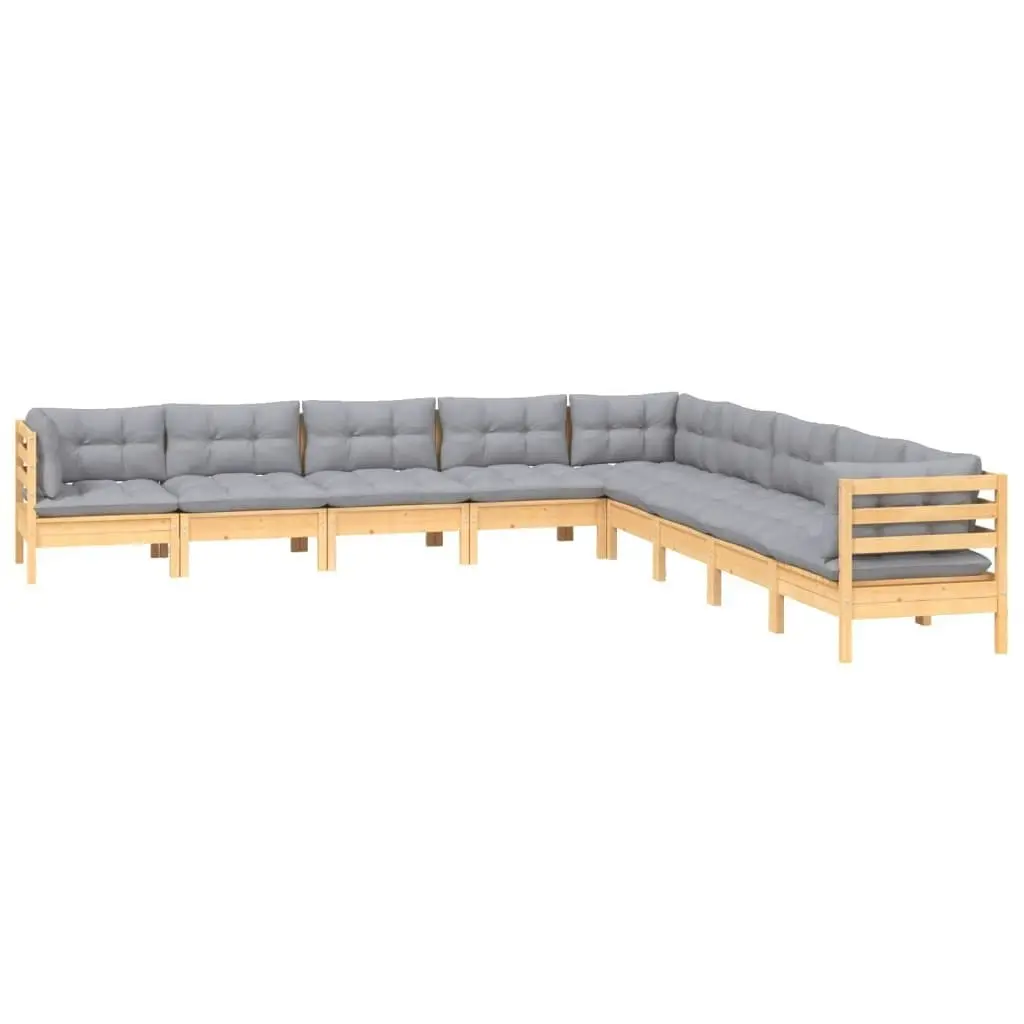 9 Piece Garden Lounge Set with Grey Cushions Solid Pinewood 3096814