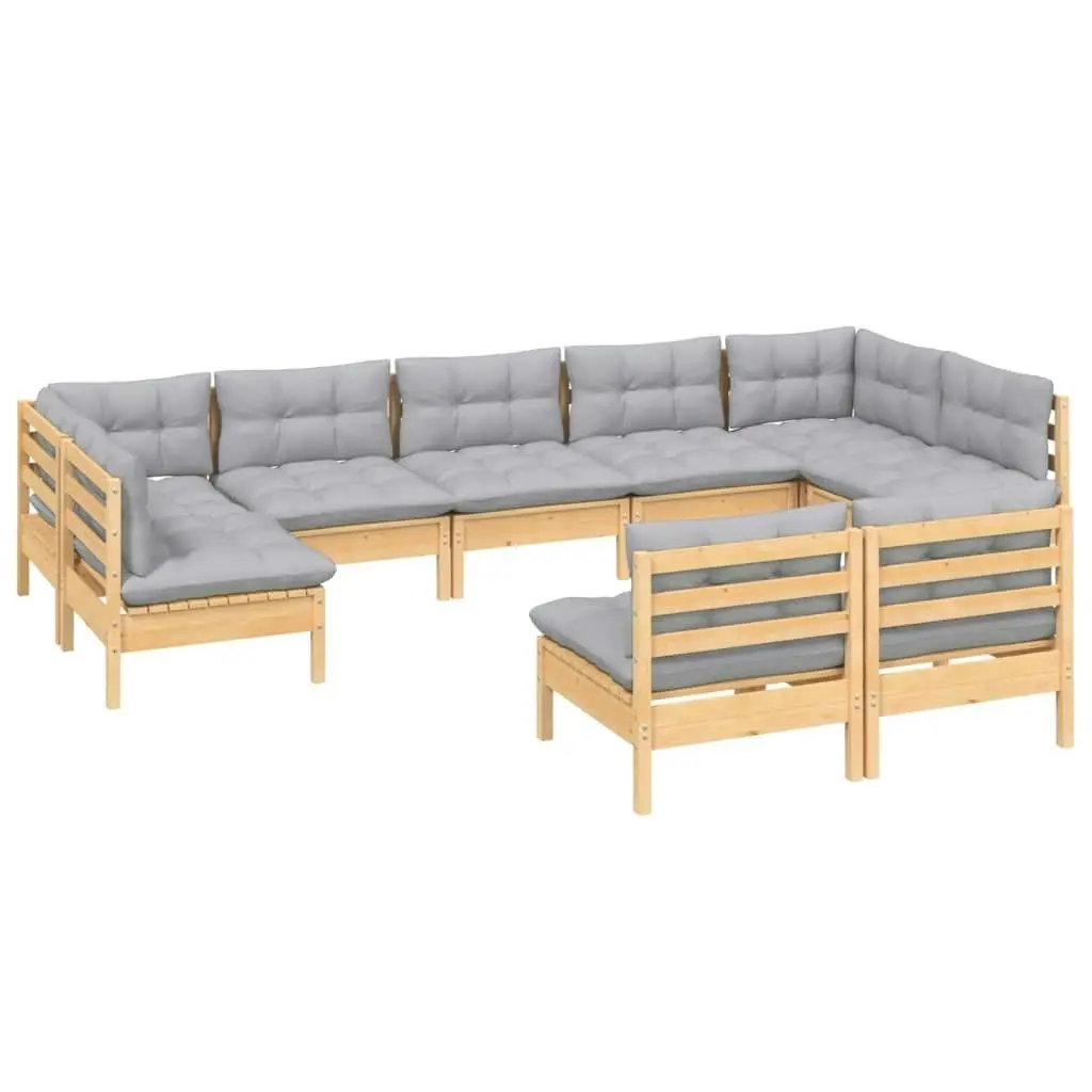 9 Piece Garden Lounge Set with Grey Cushions Solid Pinewood 3097198