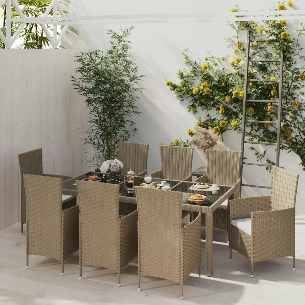 9 Piece Outdoor Dining Set with Cushions Poly Rattan Beige 3094906