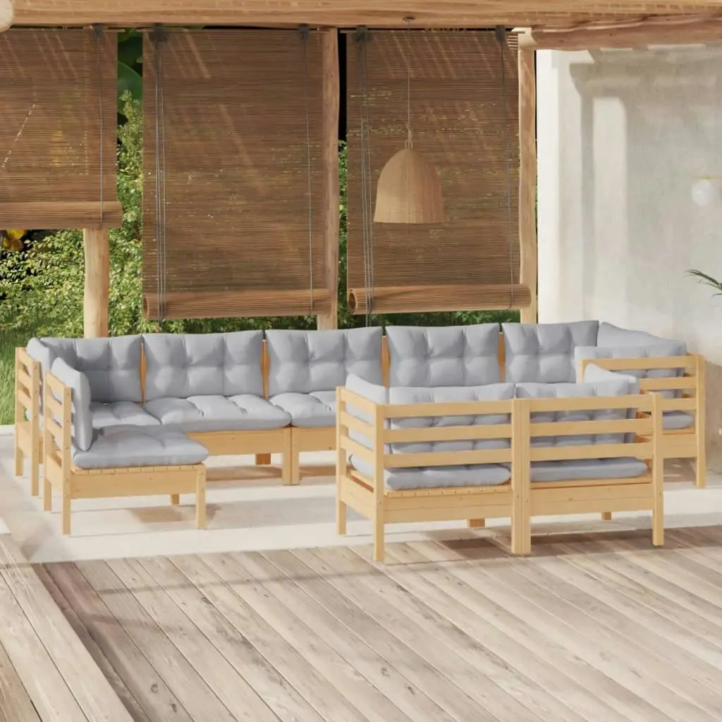 9 Piece Garden Lounge Set with Grey Cushions Solid Pinewood 3096525