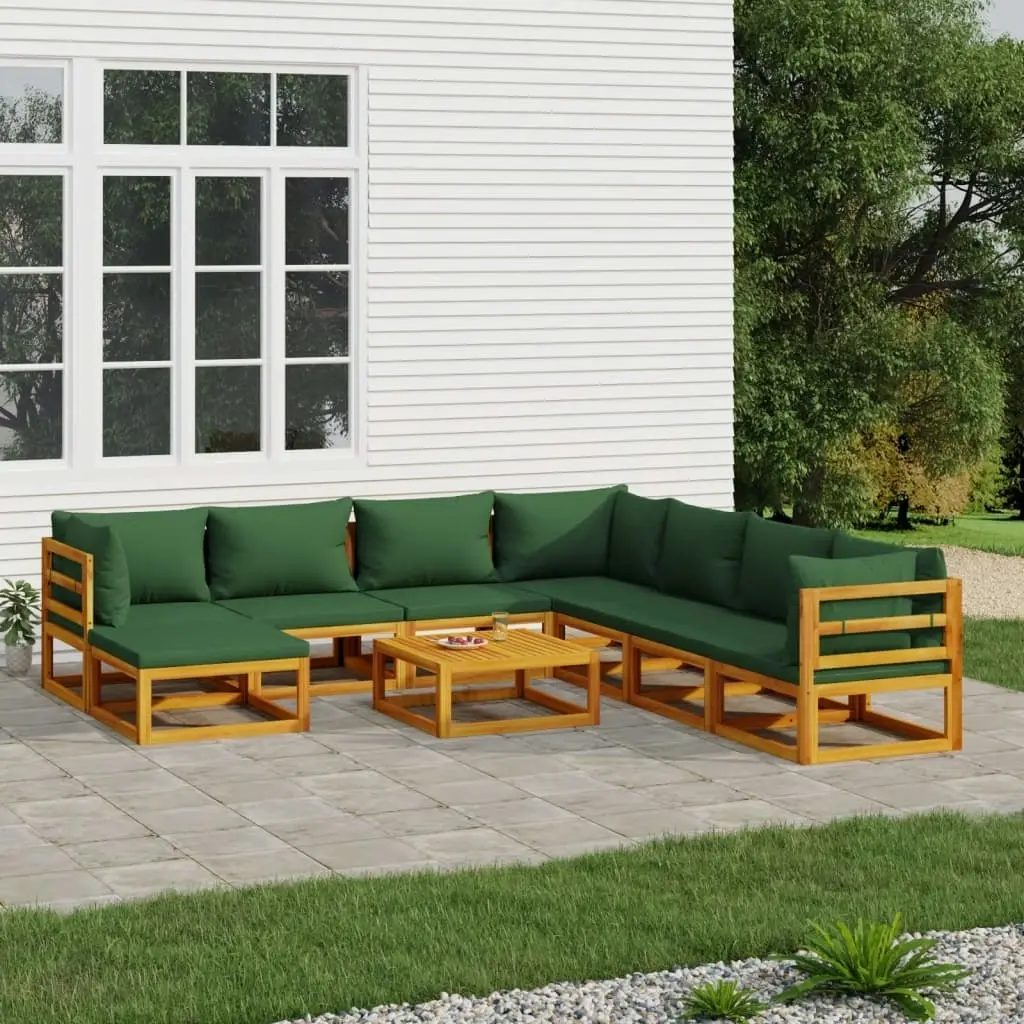 9 Piece Garden Lounge Set with Green Cushions Solid Wood 3155327