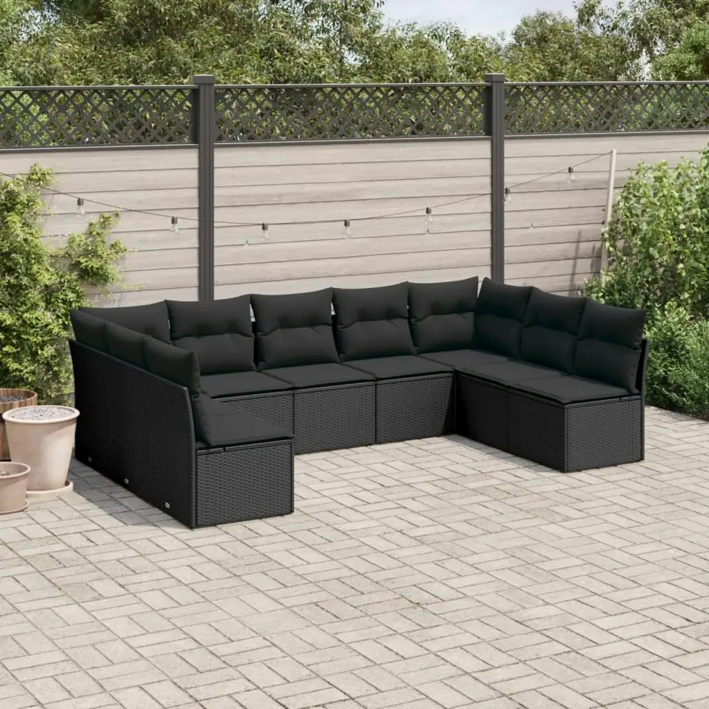 9 Piece Garden Sofa Set with Cushions Black Poly Rattan 3218065