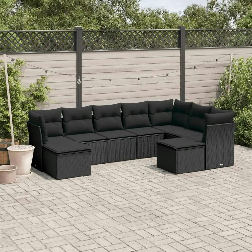 9 Piece Garden Sofa Set with Cushions Black Poly Rattan 3218565