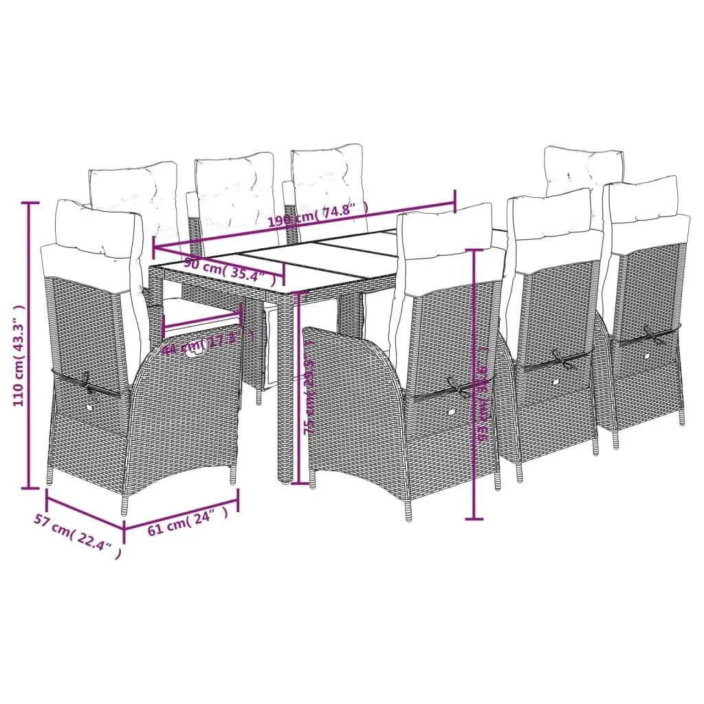 9 Piece Garden Dining Set with Cushions Grey Poly Rattan 3213084