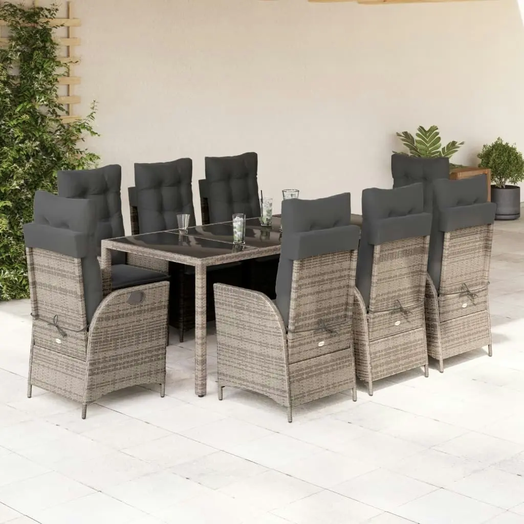 9 Piece Garden Dining Set with Cushions Grey Poly Rattan 3213084