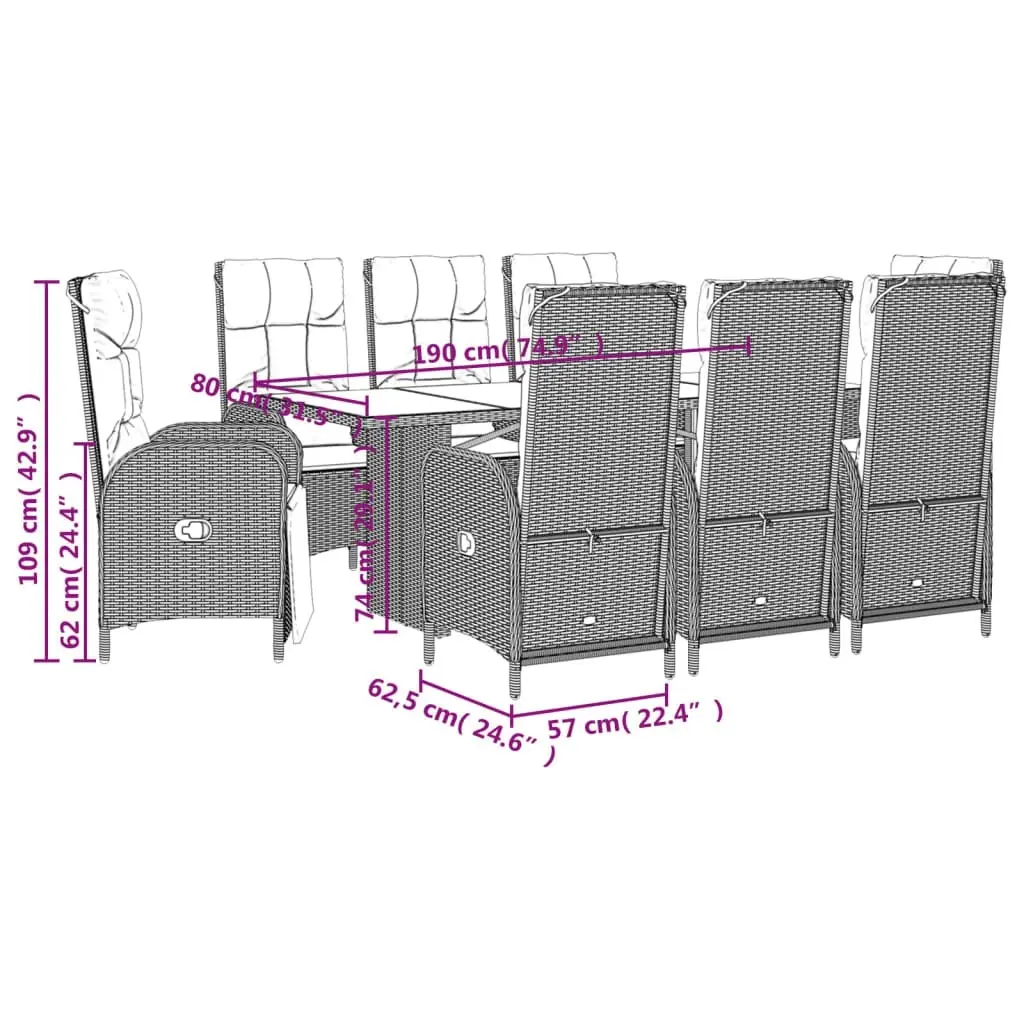 9 Piece Garden Dining Set with Cushions Grey Poly Rattan 3213529