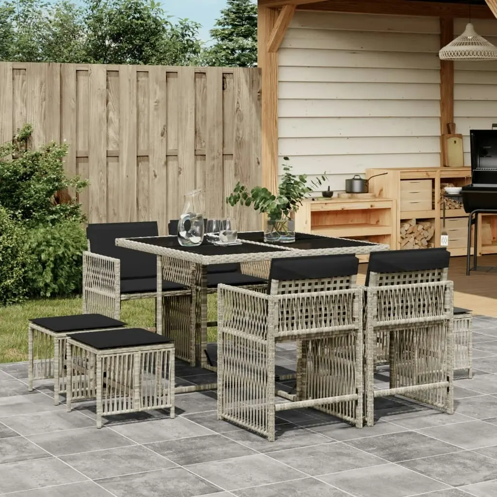 9 Piece Garden Dining Set with Cushions Light Grey Poly Rattan 3211679