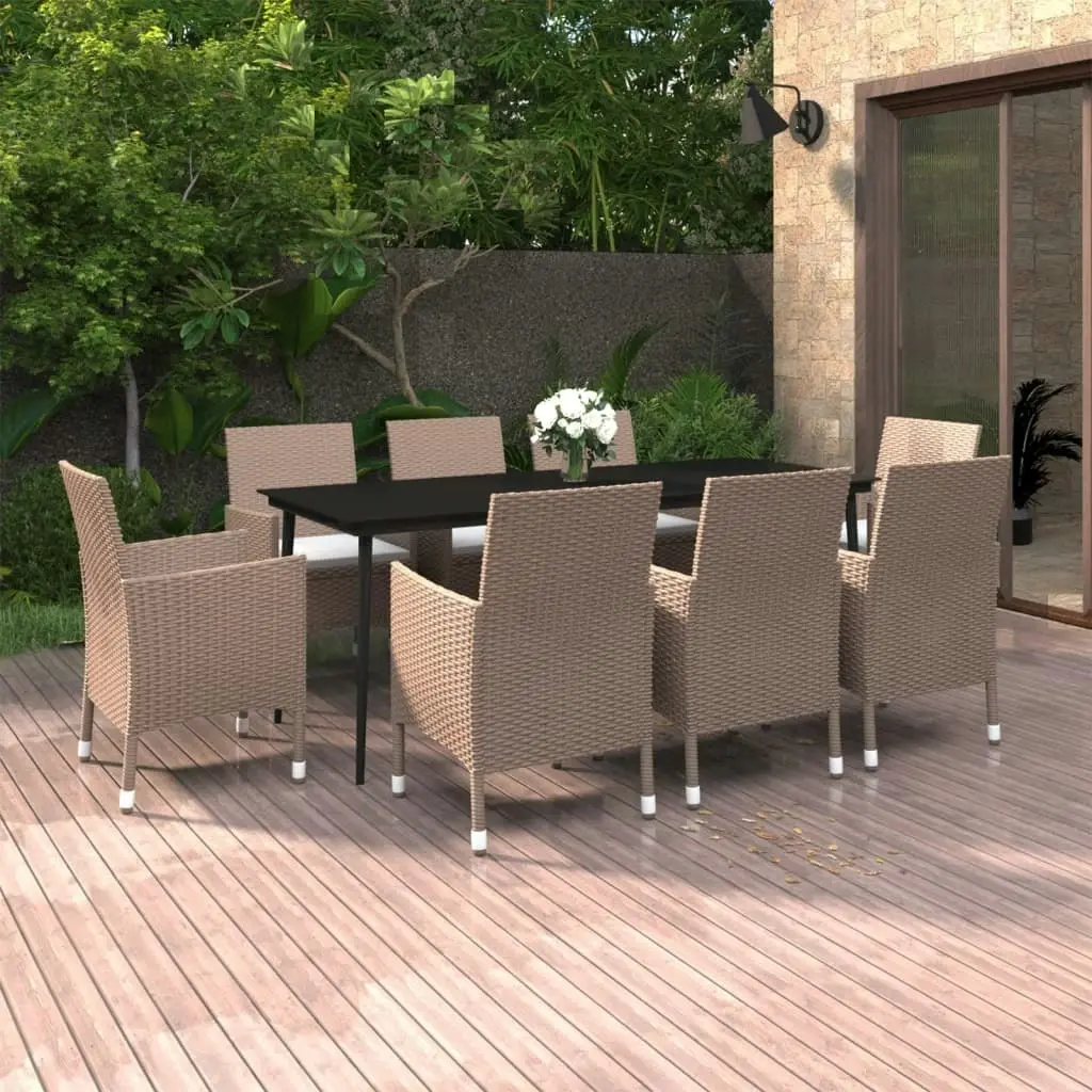 9 Piece Garden Dining Set with Cushions Poly Rattan and Glass 3099756