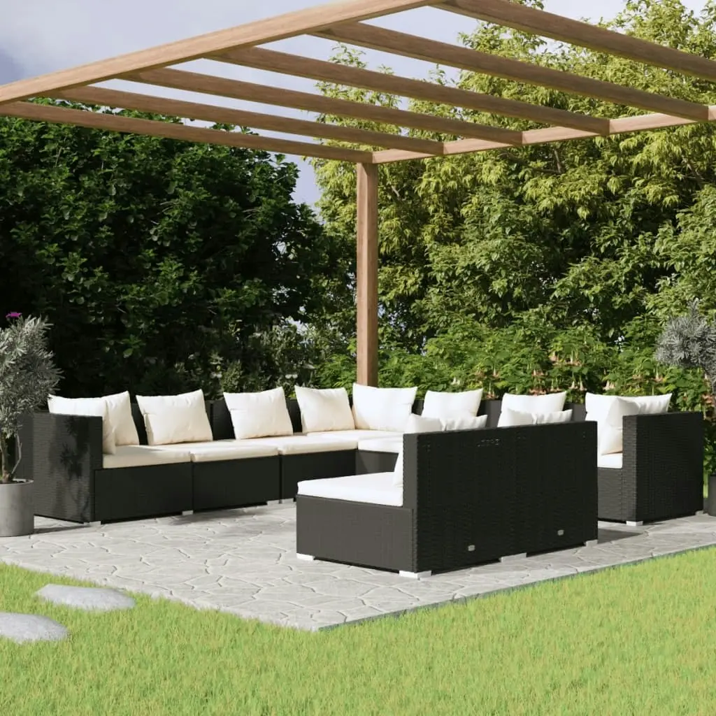 9 Piece Garden Lounge Set with Cushions Black Poly Rattan 3102415