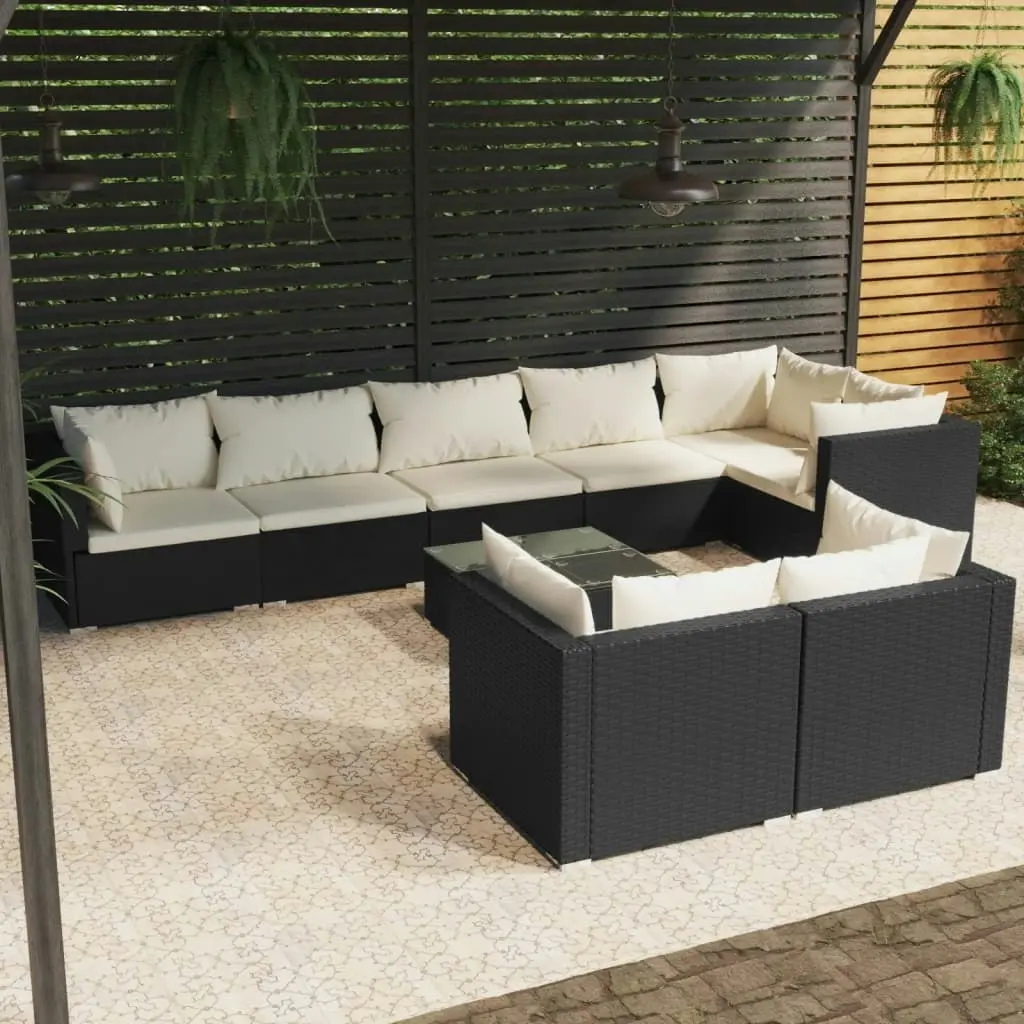 9 Piece Garden Lounge Set with Cushions Black Poly Rattan 3102487