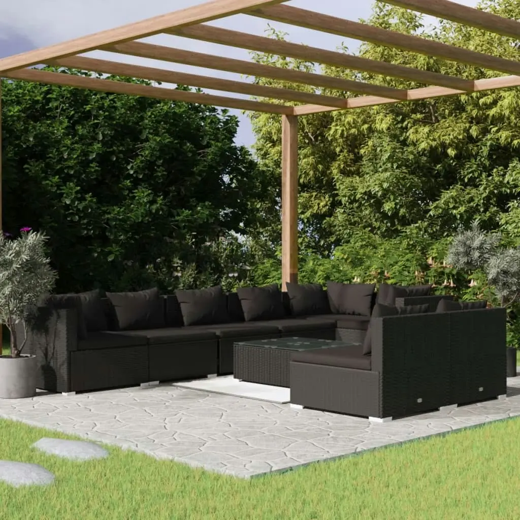 9 Piece Garden Lounge Set with Cushions Black Poly Rattan 3102408