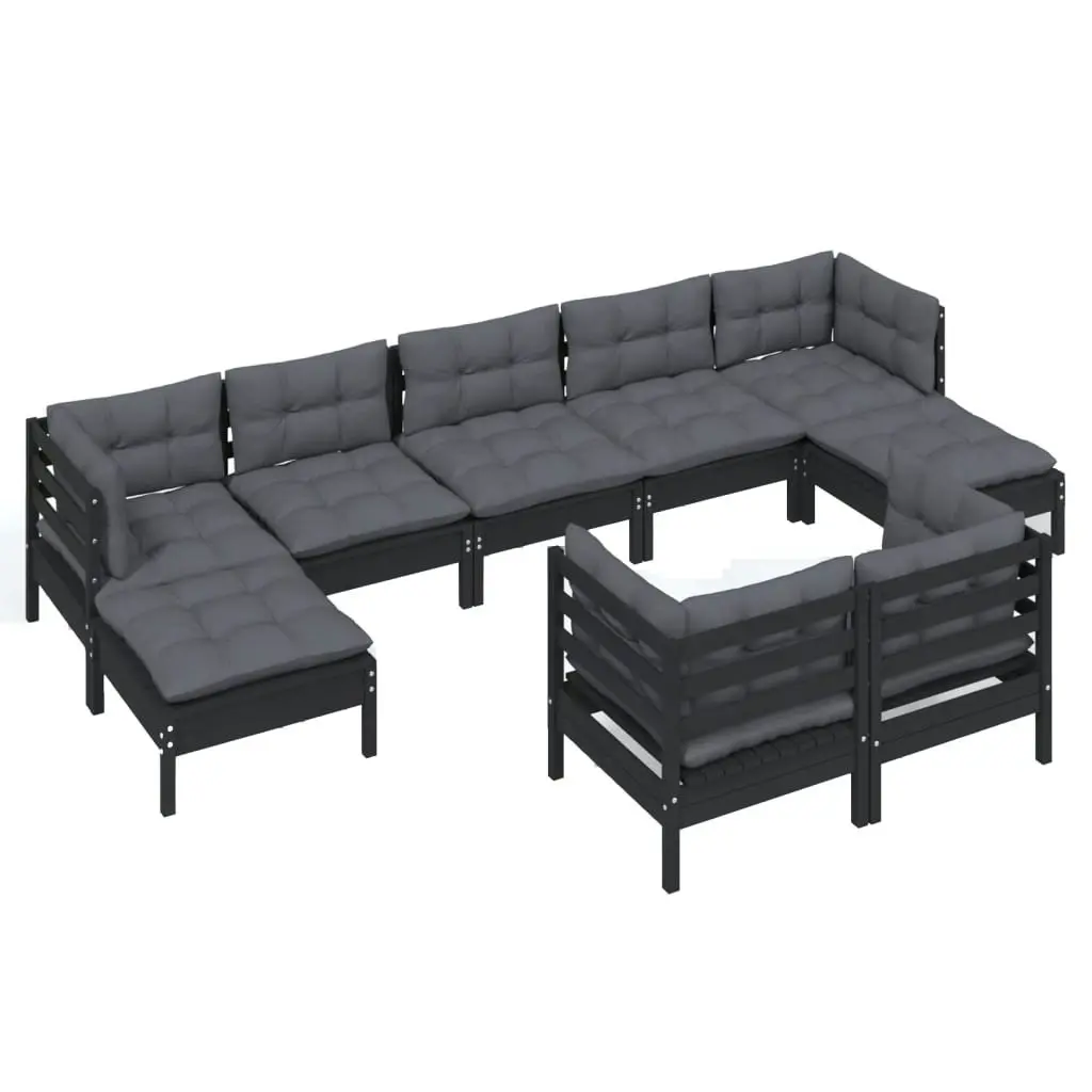 9 Piece Garden Lounge Set with Cushions Black Solid Pinewood 3097131