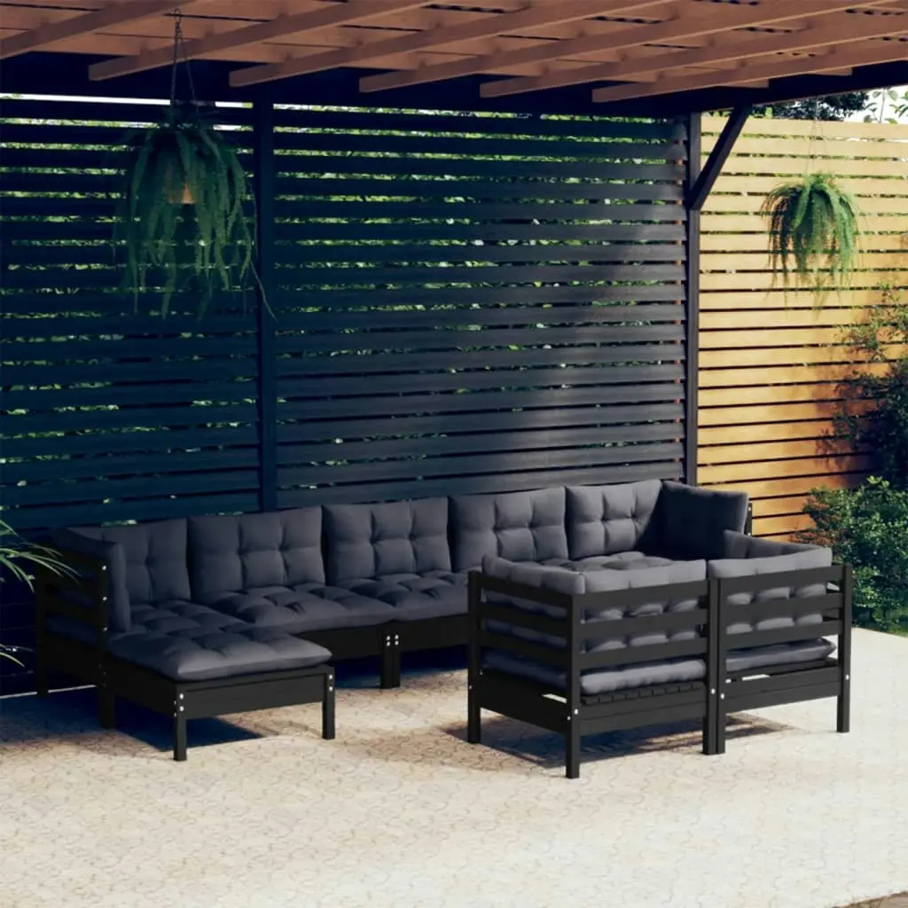 9 Piece Garden Lounge Set with Cushions Black Solid Pinewood 3097131