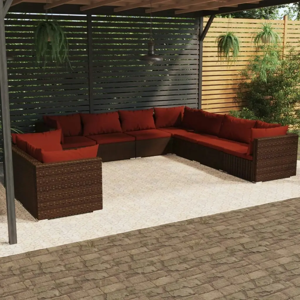 9 Piece Garden Lounge Set with Cushions Brown Poly Rattan 3102499