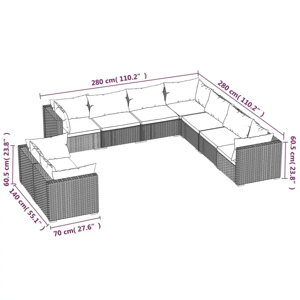 9 Piece Garden Lounge Set with Cushions Brown Poly Rattan 3102499