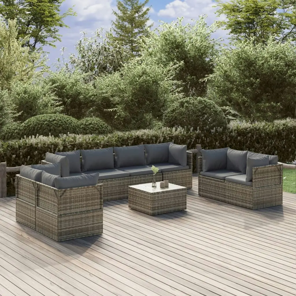 9 Piece Garden Lounge Set with Cushions Grey Poly Rattan 3157500