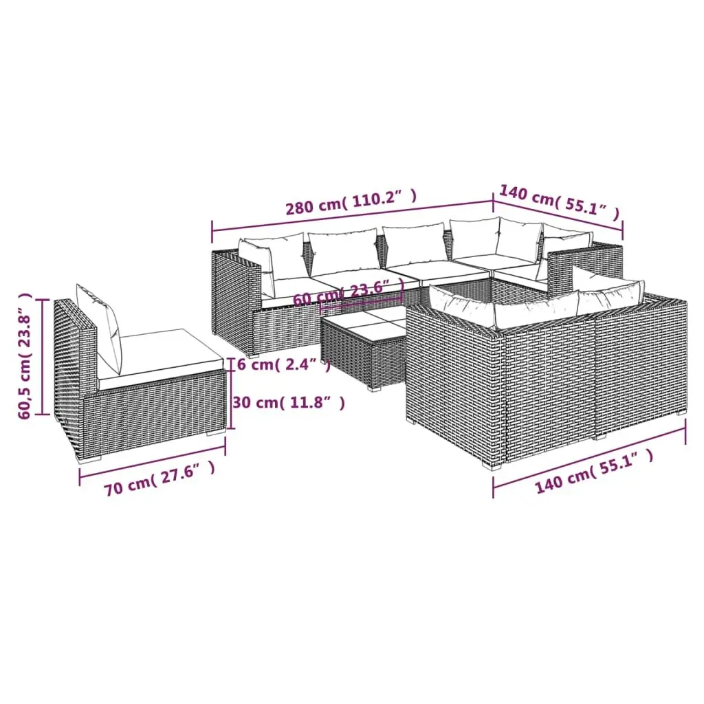 9 Piece Garden Lounge Set with Cushions Poly Rattan Black 3102615