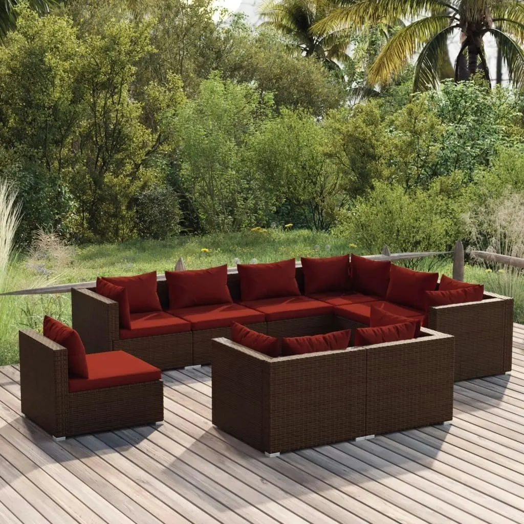 9 Piece Garden Lounge Set with Cushions Poly Rattan Brown 3102643