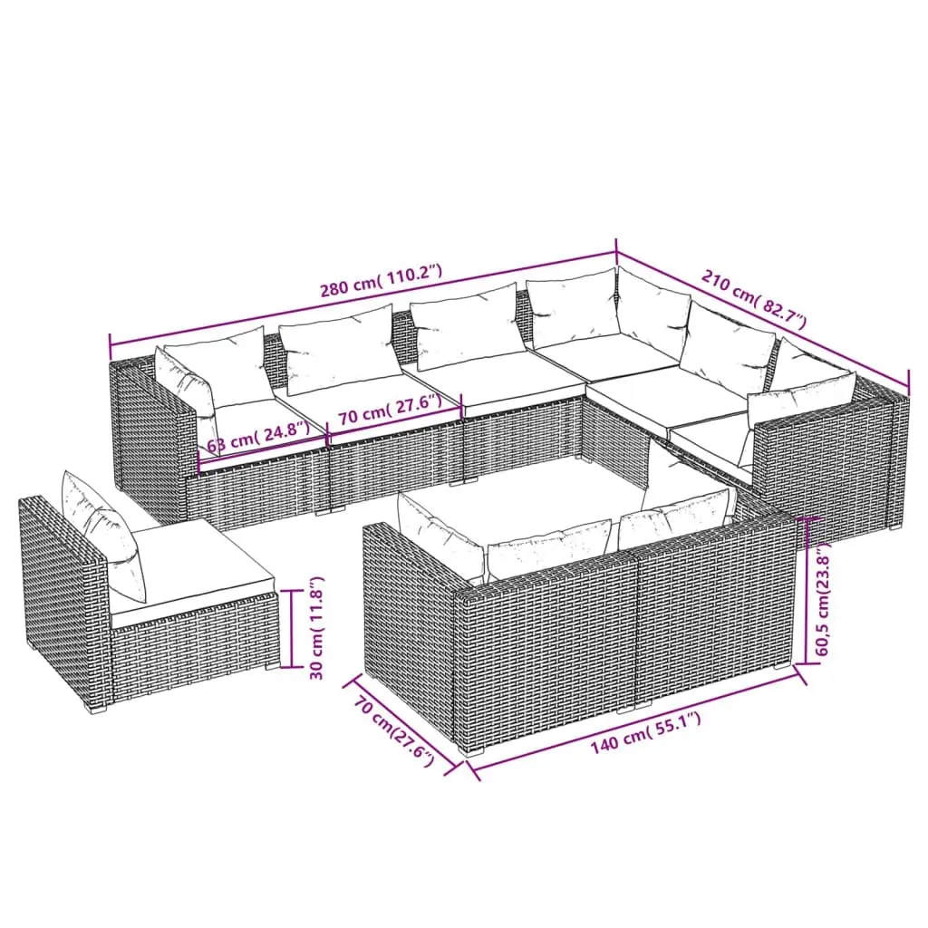 9 Piece Garden Lounge Set with Cushions Poly Rattan Brown 3102643