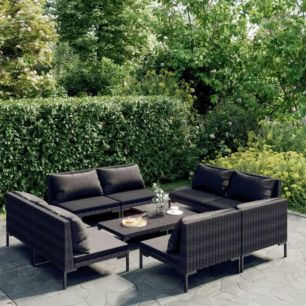 9 Piece Garden Lounge Set with Cushions Poly Rattan Dark Grey 3099806