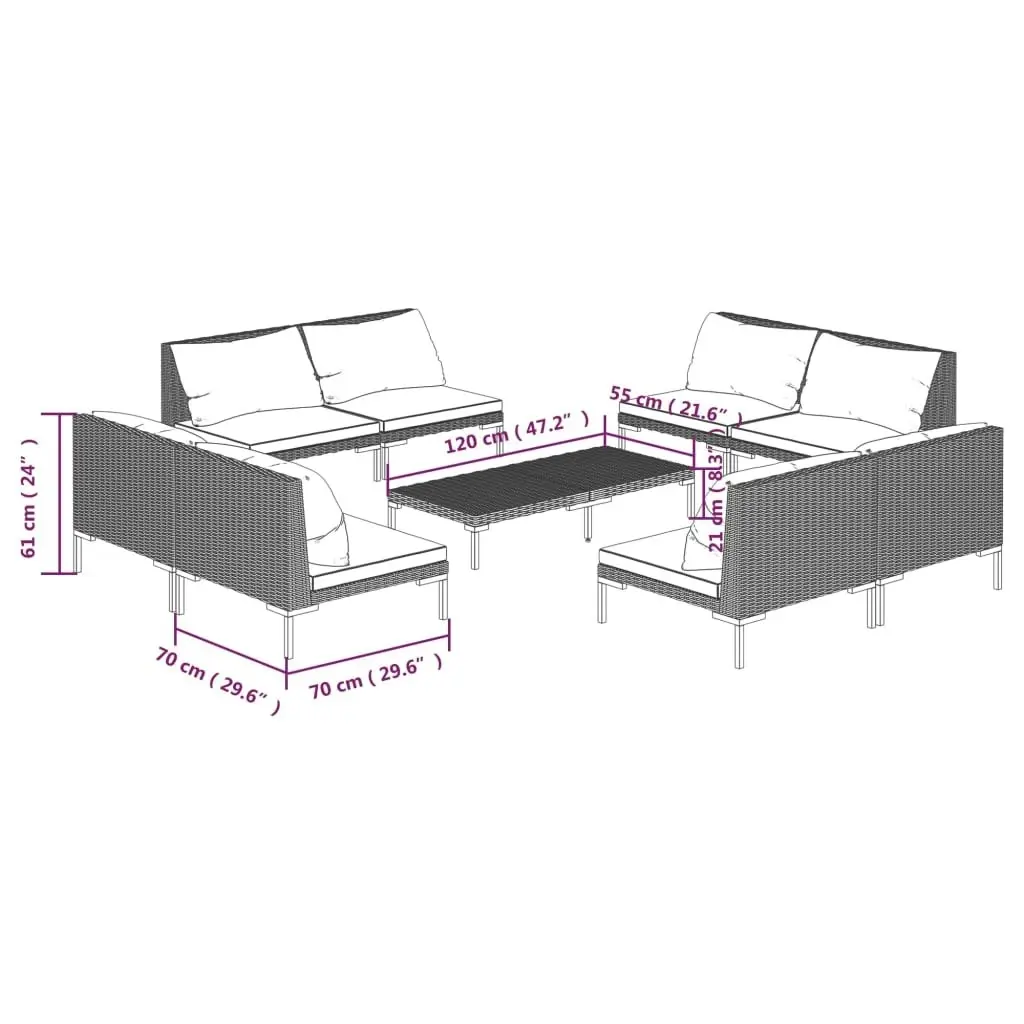 9 Piece Garden Lounge Set with Cushions Poly Rattan Dark Grey 3099806