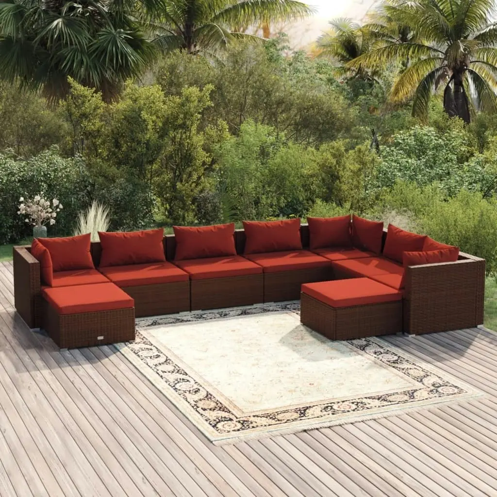 9 Piece Garden Lounge Set with Cushions Poly Rattan Brown 3102675