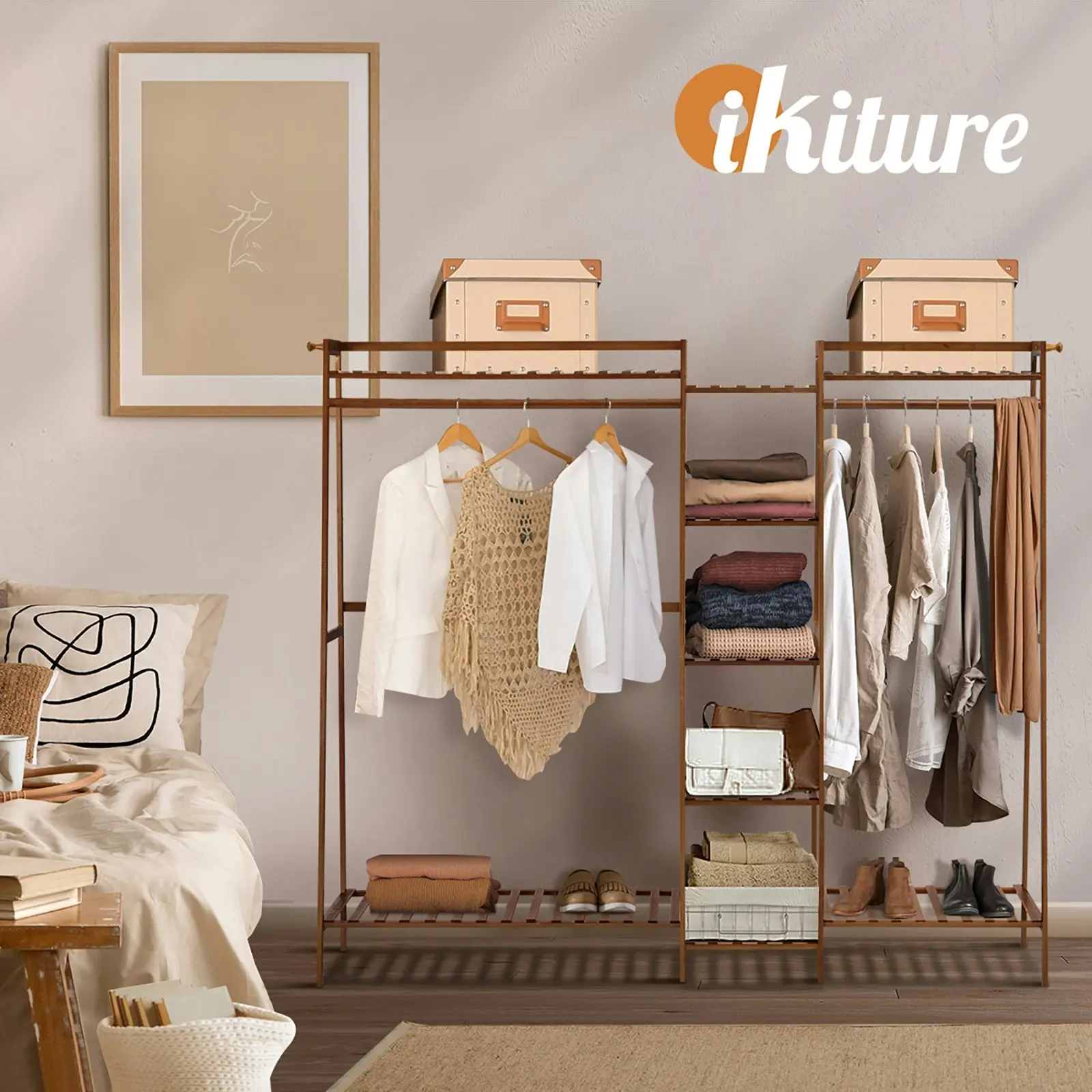 Oikiture Clothes Rack Open Wardrobe Garment Coat Hanging Rail Bamboo 9 Shelves