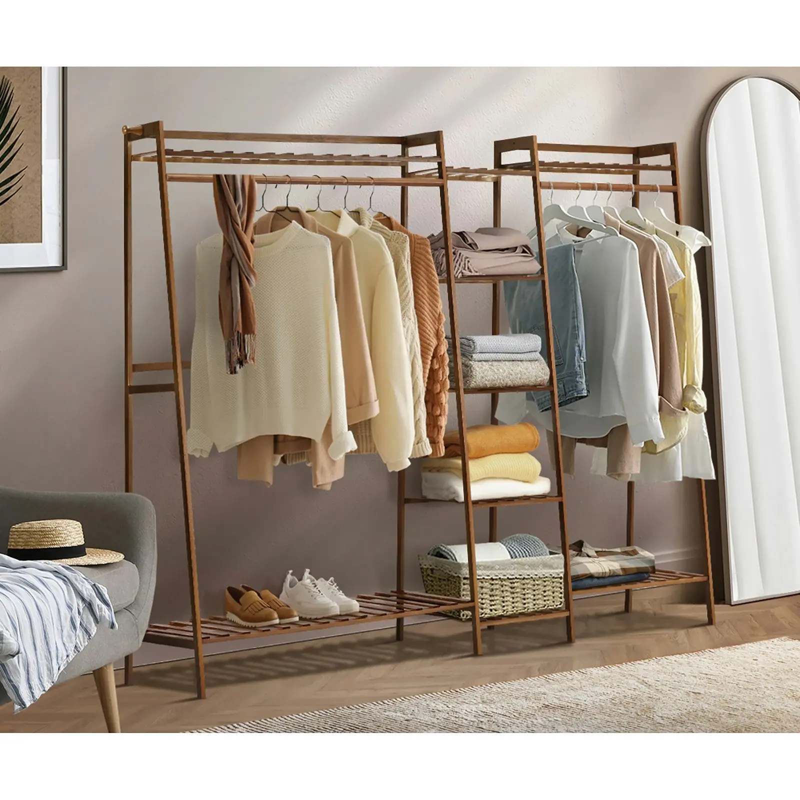 Oikiture Clothes Rack Open Wardrobe Garment Coat Hanging Rail Bamboo 9 Shelves