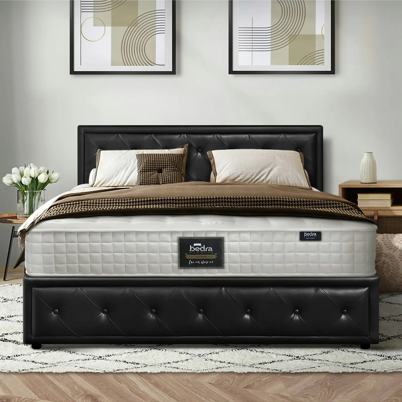 Oikiture Bed Frame King Size Gas Lift Storage Mattress Base With Mattress ENZO