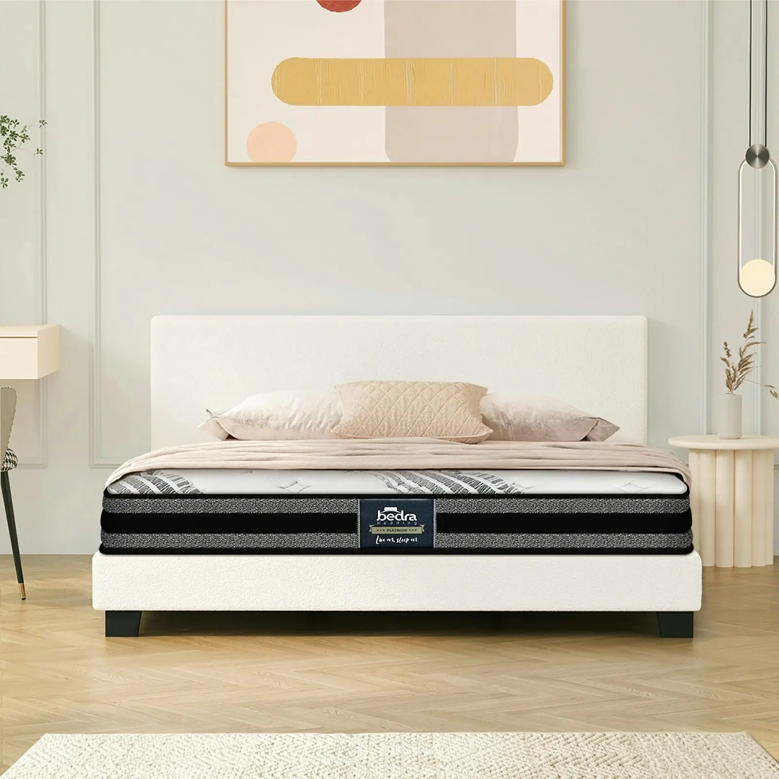 Oikiture Bed Frame with Double Size Mattress Set White Boucle