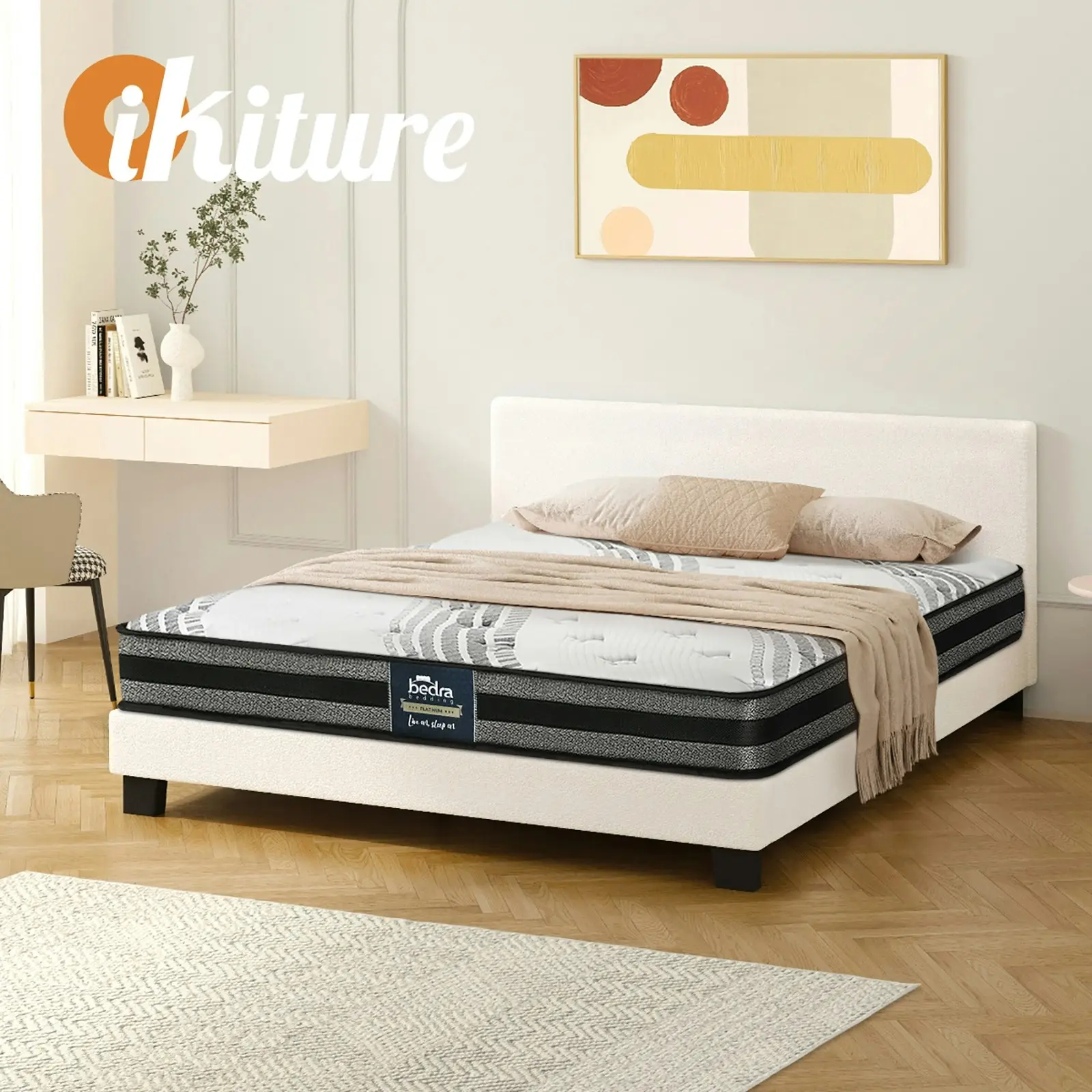 Oikiture Bed Frame with Double Size Mattress Set White Boucle