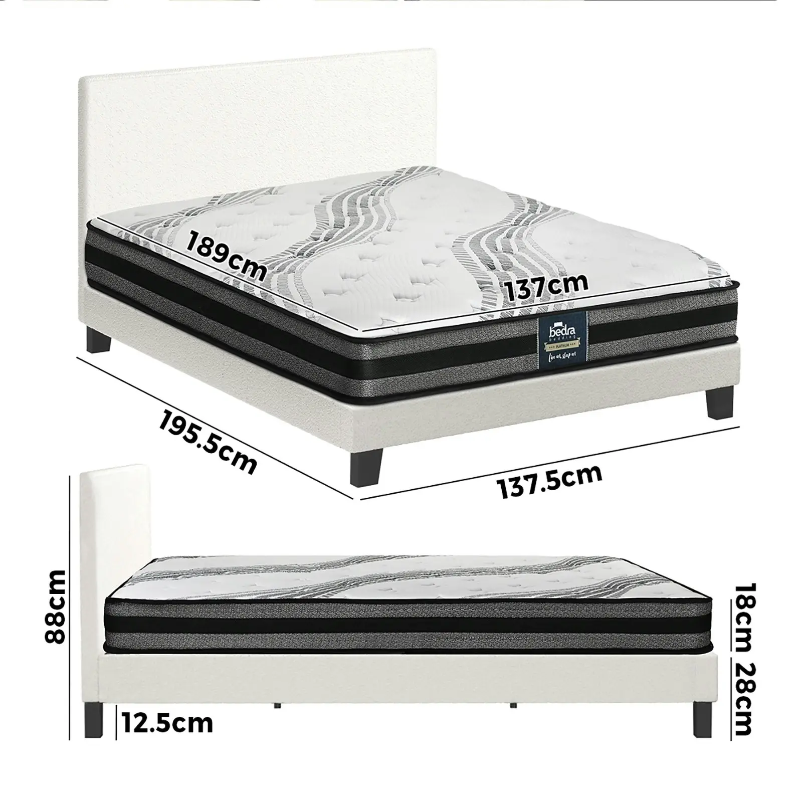 Oikiture Bed Frame with Double Size Mattress Set White Boucle