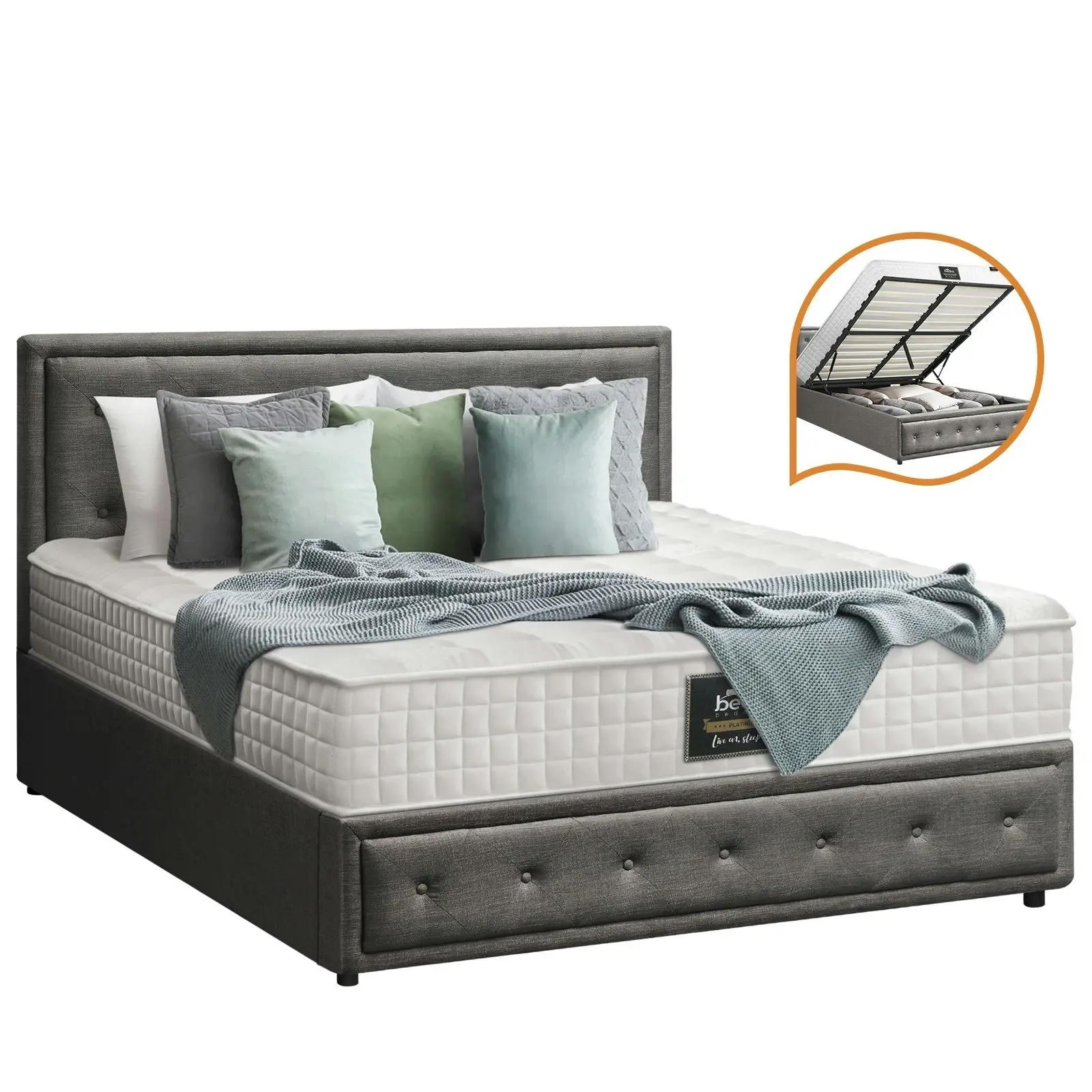 Oikiture Bed Frame Double Size Gas Lift Storage Base With Mattress Set