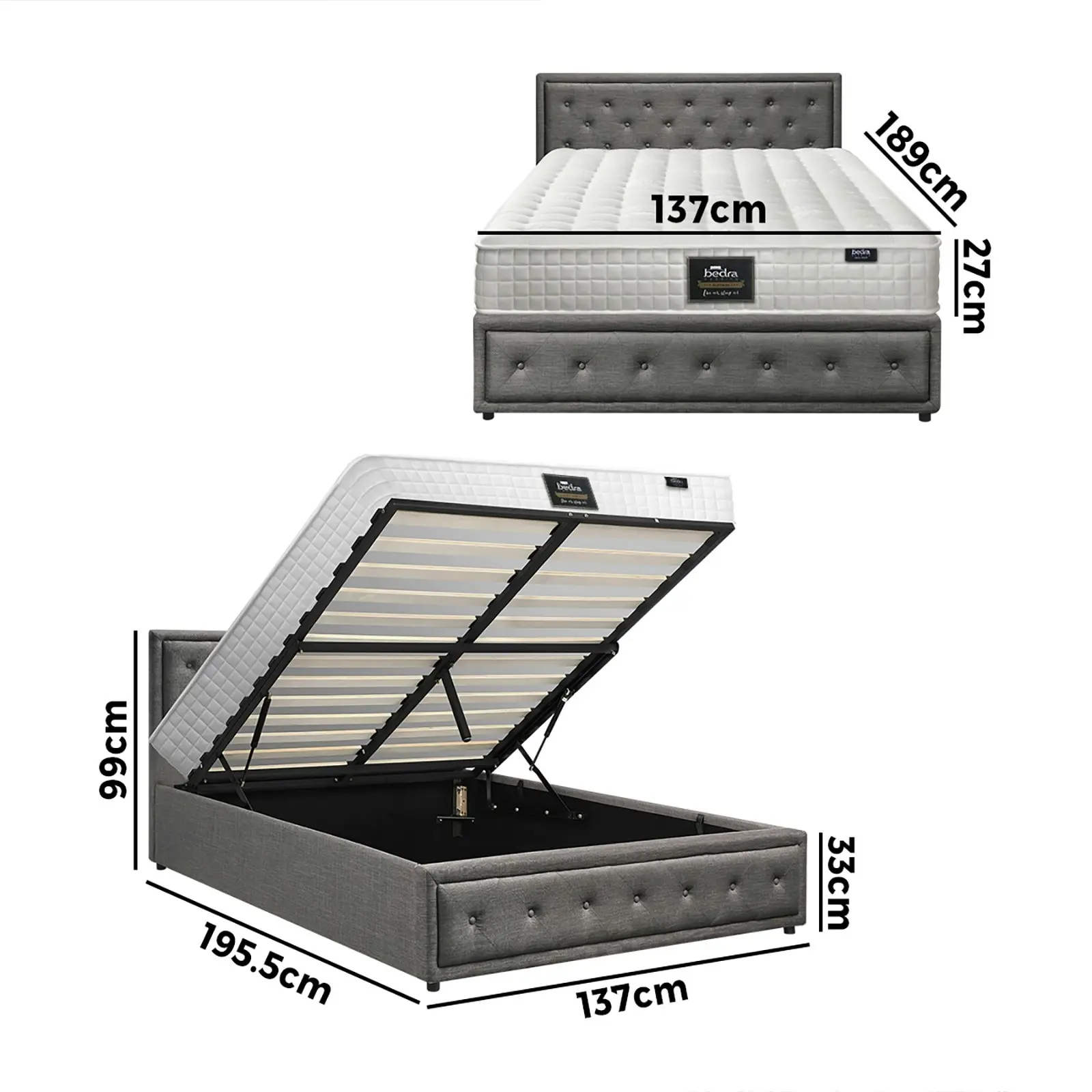 Oikiture Bed Frame Double Size Gas Lift Storage Base With Mattress Set