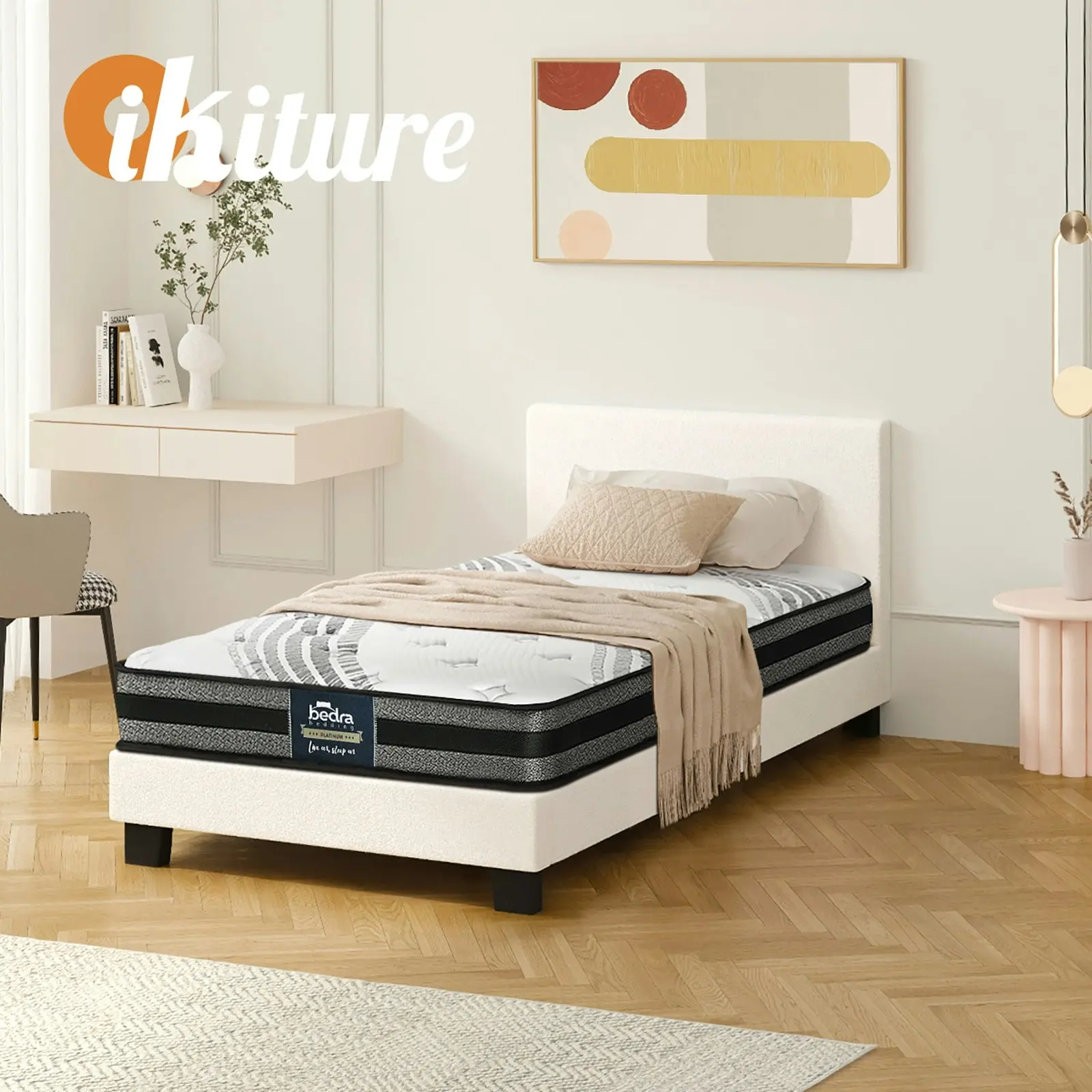 Oikiture Bed Frame with Single Mattress Set White Boucle