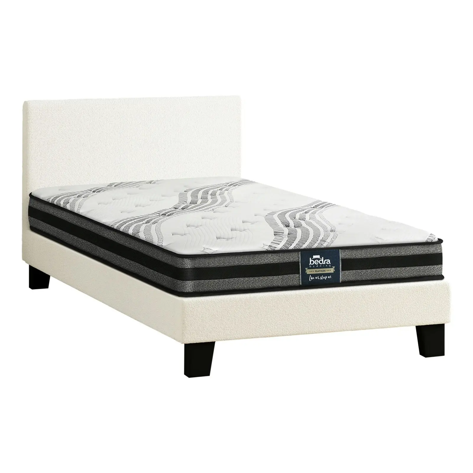 Oikiture Bed Frame with Single Mattress Set White Boucle