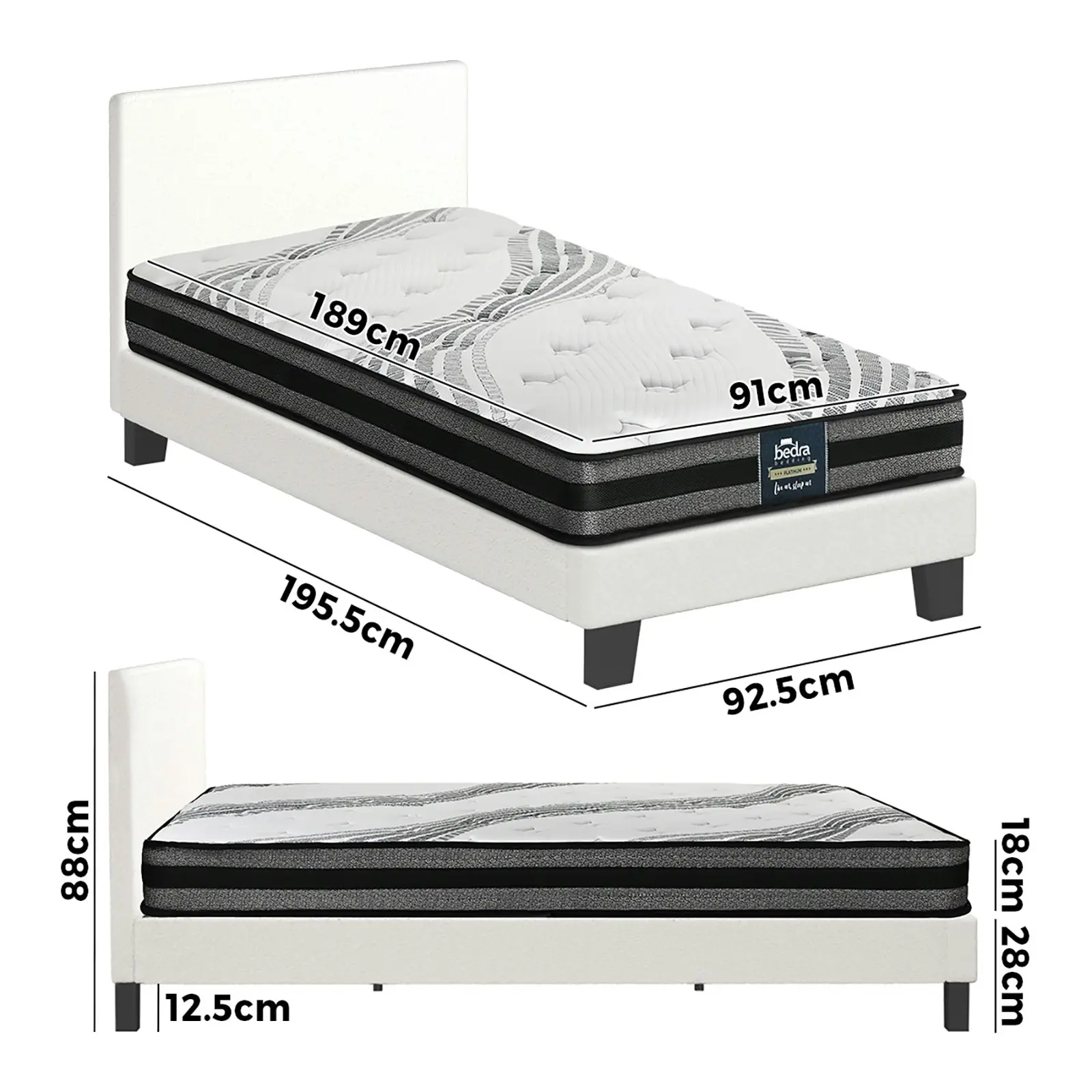 Oikiture Bed Frame with Single Mattress Set White Boucle