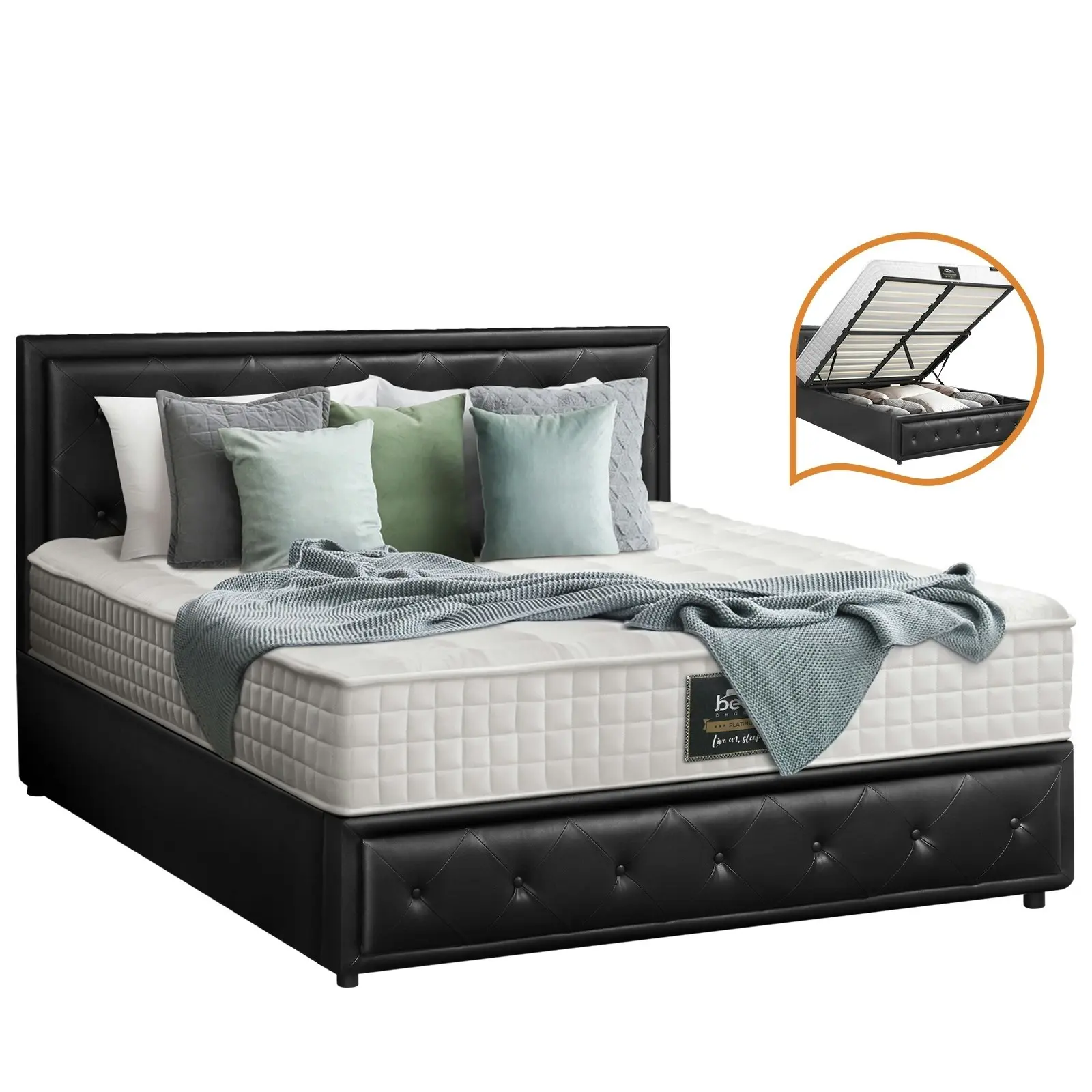 Oikiture Bed Frame Double Size Gas Lift Storage Mattress Base With Mattress ENZO