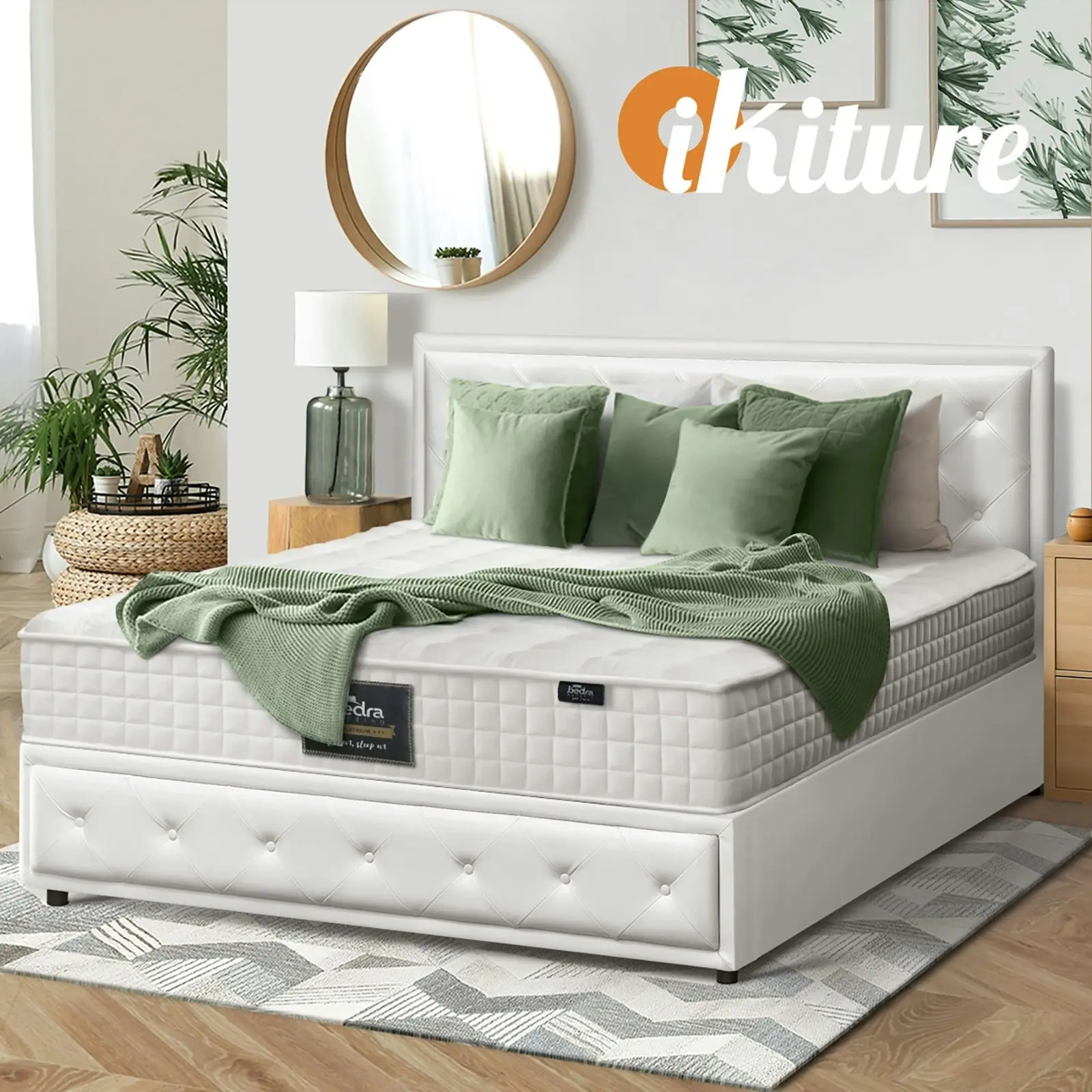 Oikiture Bed Frame Double Size Gas Lift Storage Base With Mattress ENZO