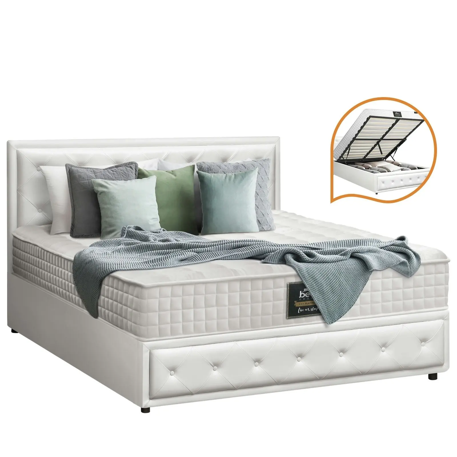 Oikiture Bed Frame Double Size Gas Lift Storage Base With Mattress ENZO